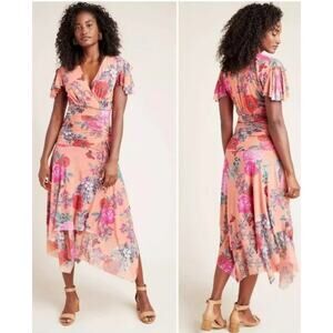 Maeve Simone butterfly floral midi dress Large ruched flutter sleeve Romantic